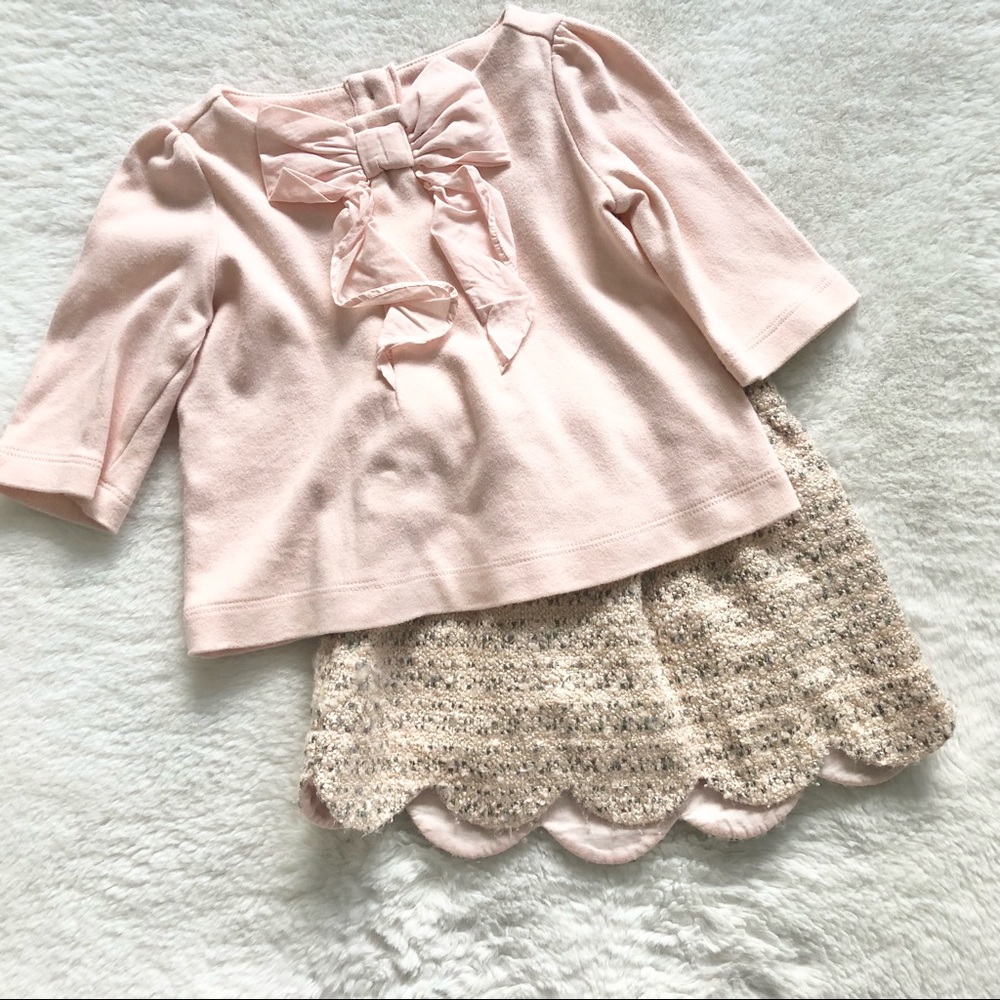 JANIE AND JACK PINK SHIRT w/ BOW & TWEED LINED SKIRT - Picture 1 of 12